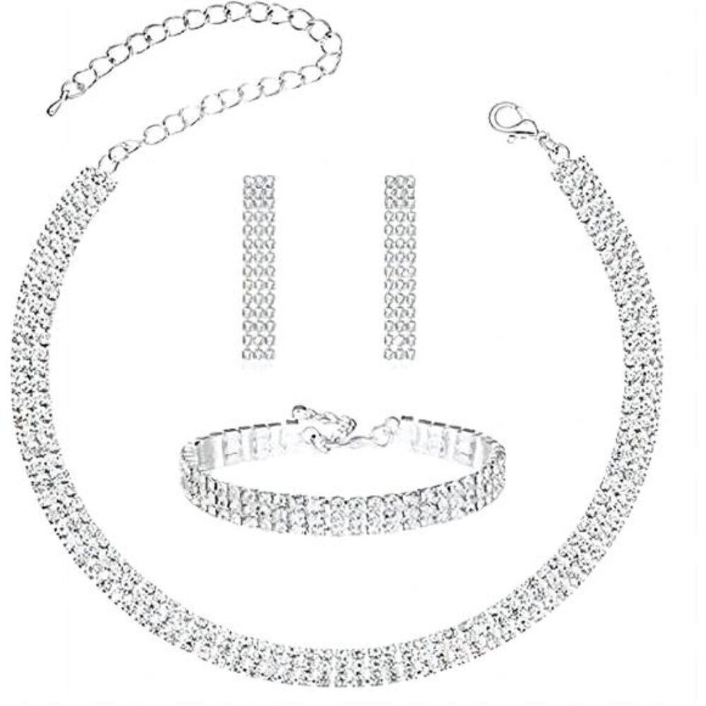 3 Piece Crystal Jewelry Set, Silver Necklace Earrings Bracelet Crystal Wedding